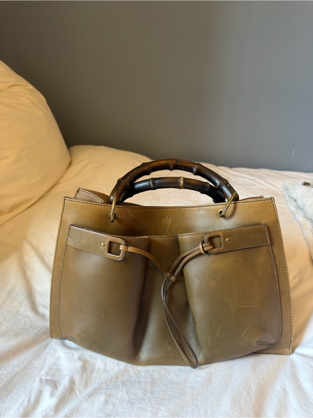 Gucci Brown Leather Handle Bag with Bamboo Handle